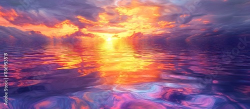 Vibrant sunset reflecting on calm ocean, painted cloudscape, digital art