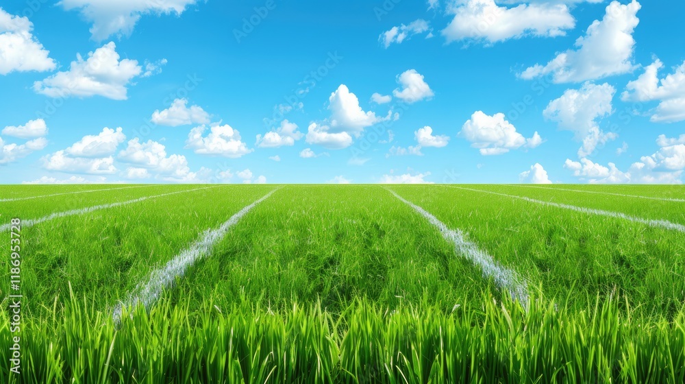 Obraz premium Lush Green Grass Field Under Bright Blue Sky with Fluffy White Clouds on a Sunny Day