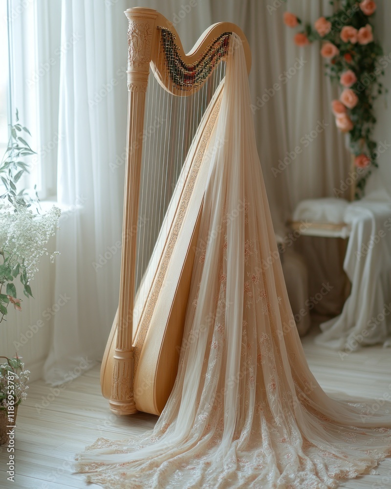 Elegant harp draped in sheer fabric near window. Elegant harp draped in sheer fabric near window.