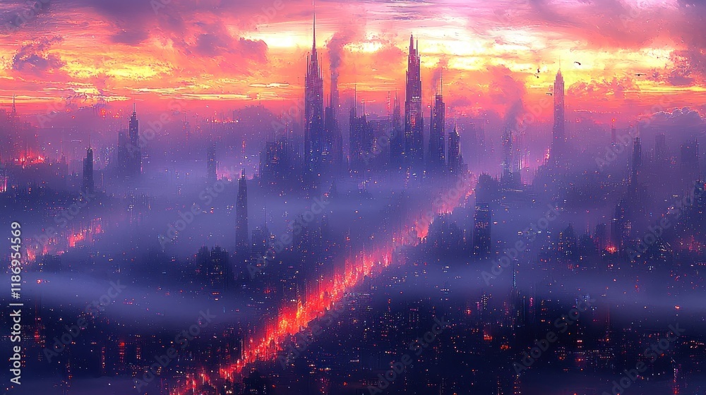 Fototapeta premium Futuristic Cityscape at Sunset: A Digital Painting of a Mysterious Metropolis