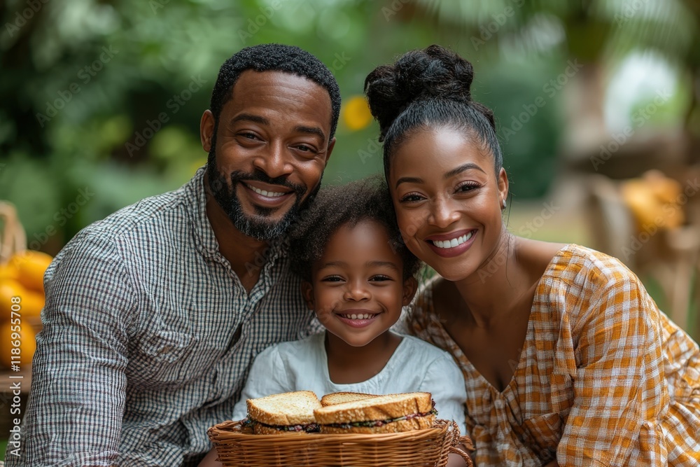 A cheerful image showcasing a happy family picnic with smiles all around, featuring delicious food and a warm atmosphere, perfect for capturing the essence of togetherness.