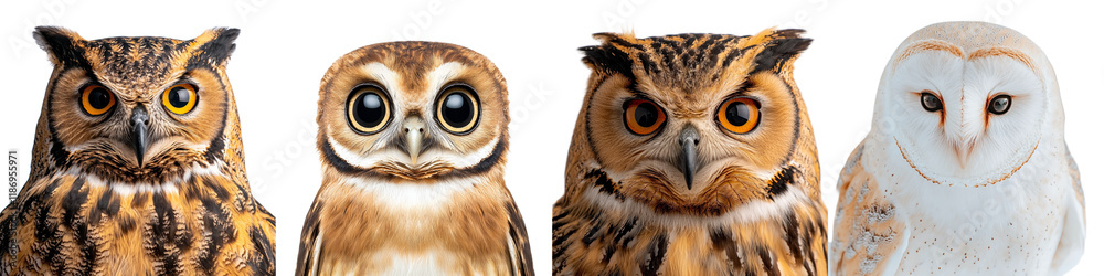 Fototapeta premium Captivating Close-Up Portraits of Various Owl Species with Distinctive Features