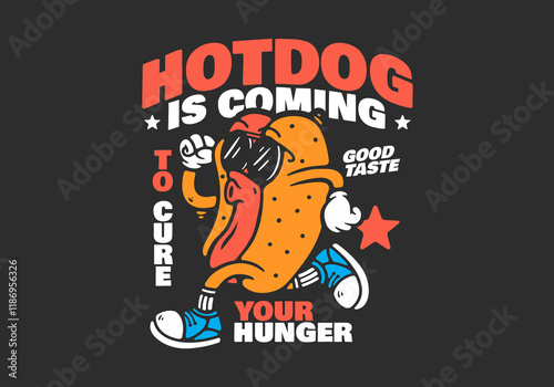 Hot Dog with sunglasses character in running pose, black background