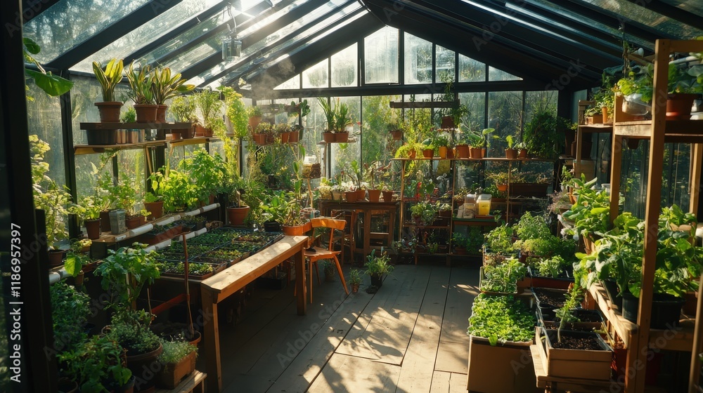 Naklejka premium A stunning greenhouse alive with greenery, showcasing an array of flourishing plants, ideal for gardening enthusiasts and those passionate about nature.