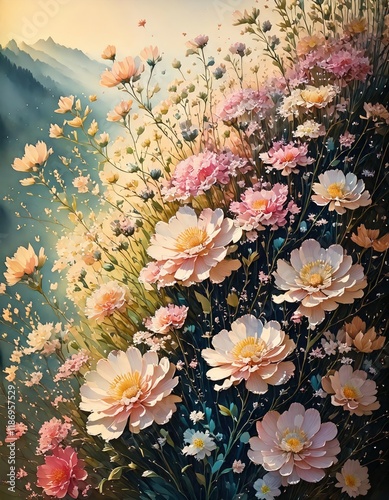 Wallpaper Mural 工芸的なディテール, 対称構成, 立体的デザイン, 花のアート, ゴールドテクスチャ, テキスタイル装飾, 青い花, ゴールドフレーム, バロックデザイン, クラシックなインスピレーション, 芸術的装飾. Torontodigital.ca