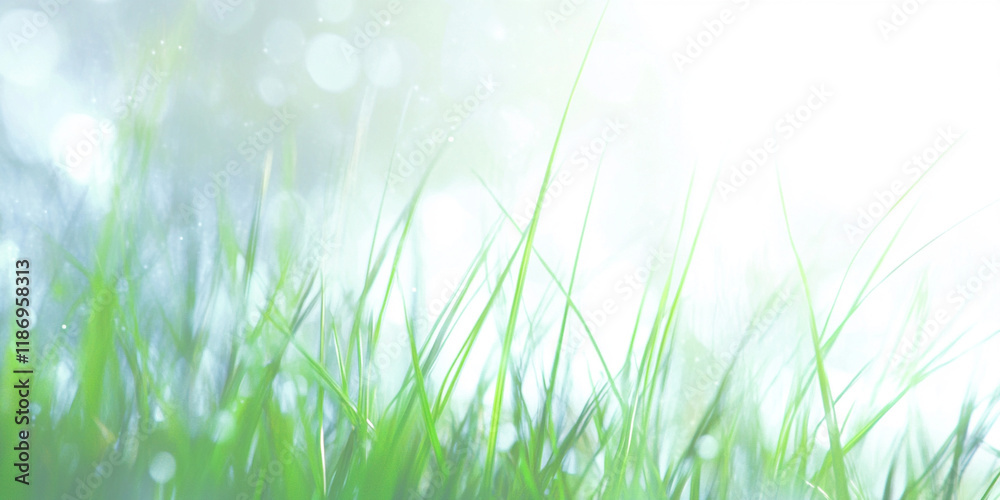 Fototapeta premium Bright wet grass background with copy space