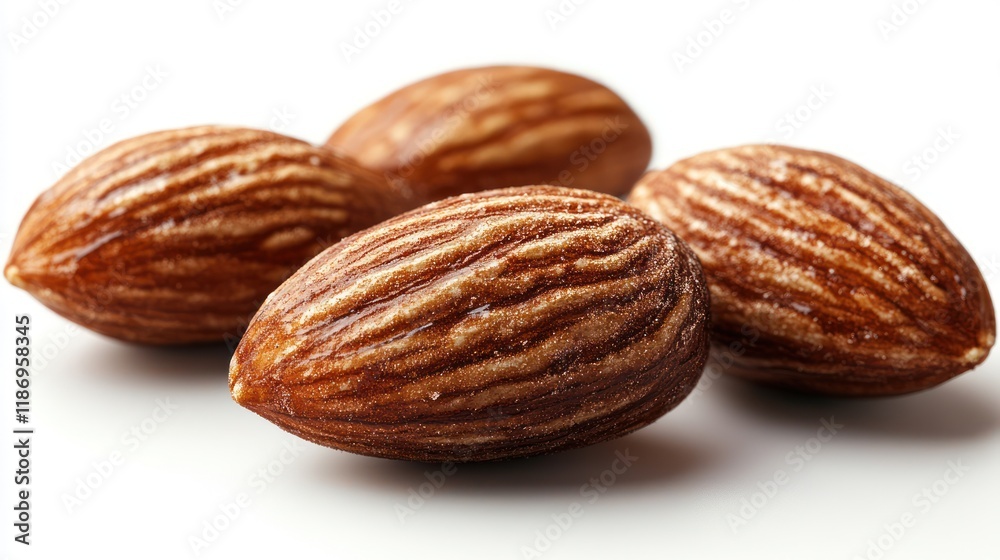 Close-up of four roasted almonds on white background. Close-up of four roasted almonds on white background.