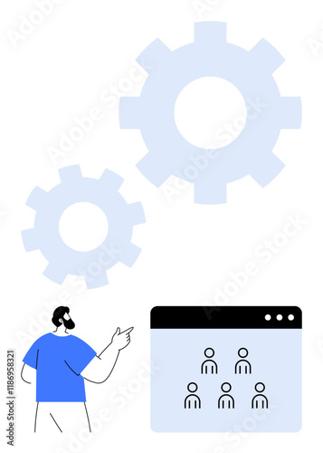 Man pointing to browser with team icons, large gears symbolize teamwork, system processes. Ideal for management, strategy, workflow, productivity, organization, collaboration abstract line flat