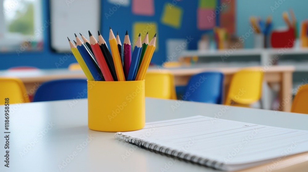 Colorful Pencils & Notebook in Classroom Colorful Pencils & Notebook in Classroom
