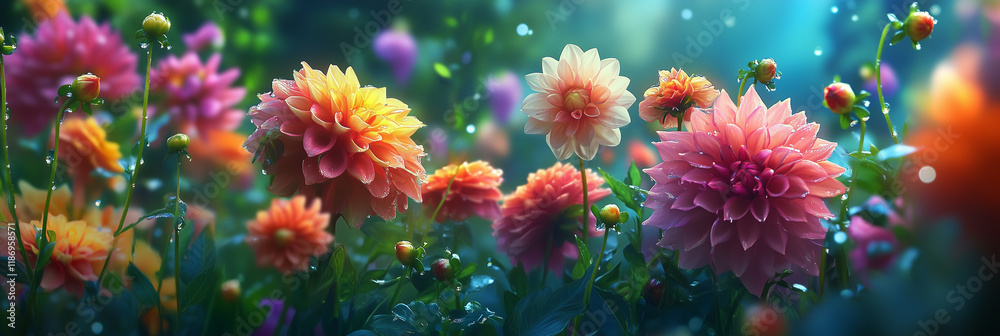 Colorful Dahlia blooms with rain drops Colorful Dahlia blooms with rain drops