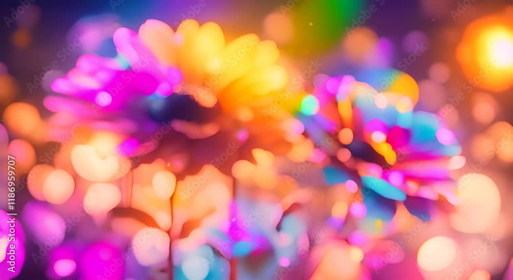Vibrant abstract flowers with a background of colorful bokeh lights creating a dreamy and festive atmosphere 4K