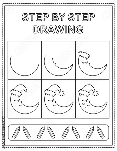 Cute moon. Book page, drawing step by step. Black and white vector coloring page. 