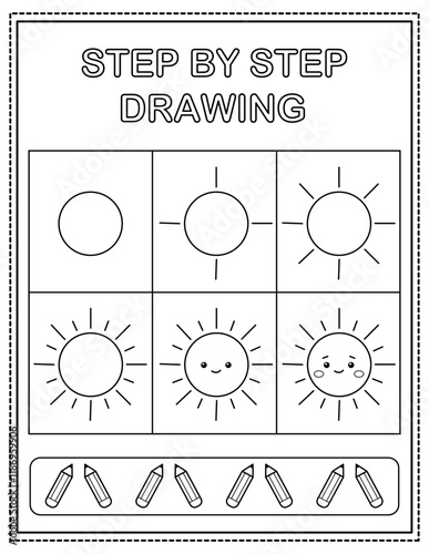 Cute sun. Book page, drawing step by step. Black and white vector coloring page.