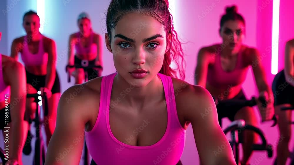 Young Caucasian women in a neon-lit spin class showcase fitness and motivation, perfect for New Year's resolutions