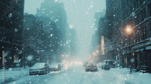 Intense blizzard transforming urban landscape with heavy snowfall and windy conditions.