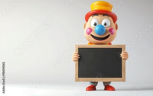 3D emoji clown face with a blue nose, white eyes, dressed as a teacher holding a chalkboard, simple design, flat shading, white isolated background  photo