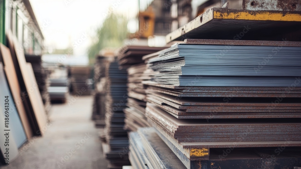 Metal sheets stacked in a warehouse of a metal processing plant, highlighting various stages of processing and storage within the dynamic metal industry and manufacturing sector Metal sheets stacked in a warehouse of a metal processing plant, highlighting various stages of processing and storage within the dynamic metal industry and manufacturing sector
