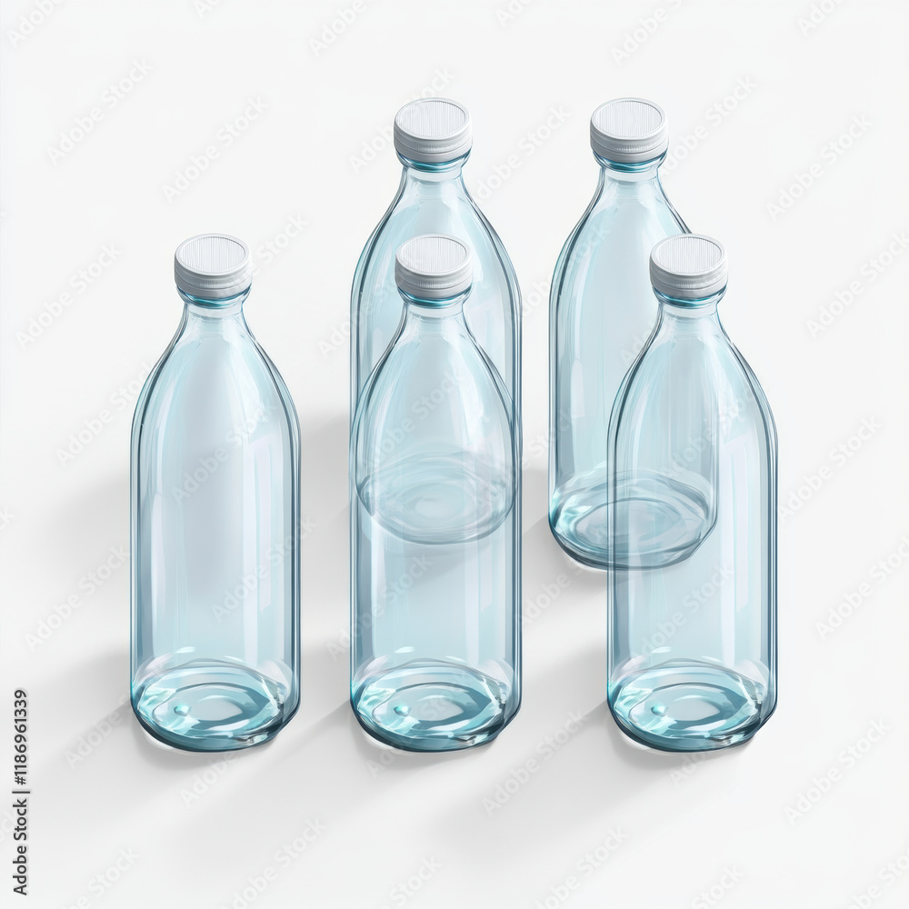 Clear glass bottles arranged in group, showcasing their sleek design and transparency. Ideal for packaging beverages or decorative purposes Clear glass bottles arranged in group, showcasing their sleek design and transparency. Ideal for packaging beverages or decorative purposes