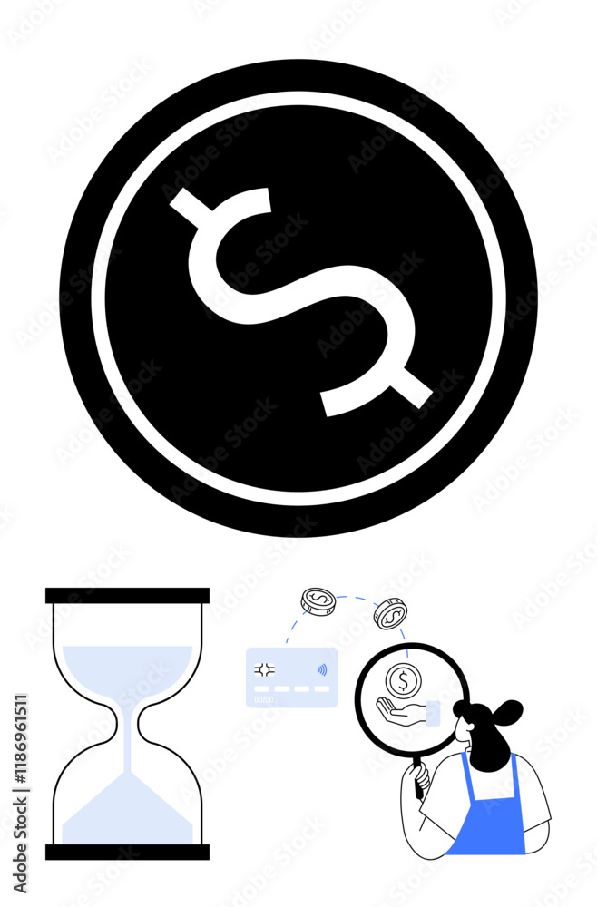 Hourglass, person analyzing money through magnifying glass, currency symbol. Ideal for finance, investment, time management, analysis, budgeting economic planning saving strategies. Abstract line