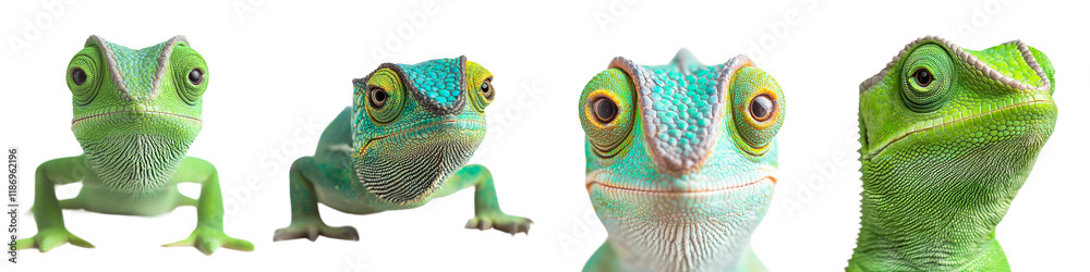 Fototapeta premium Vibrant Green Lizards with Unique Features and Eye Patterns in Different Poses