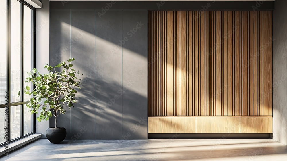 Obraz premium Modern Empty Room with Gray Slat Wall and Built-In Wood Features