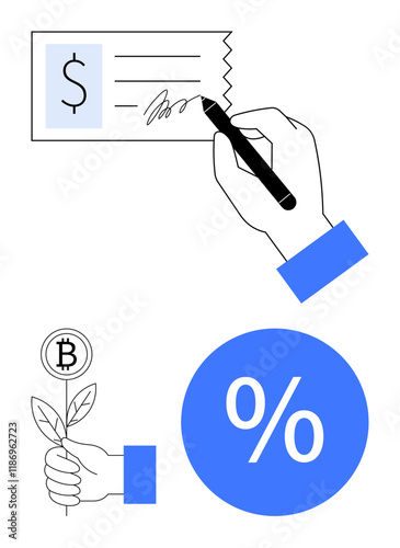 Hand signs check with pen, other hand holds bitcoin plant, large blue percentage icon below. Ideal for financial transactions, cryptocurrency growth, investment returns, digital currency, interest