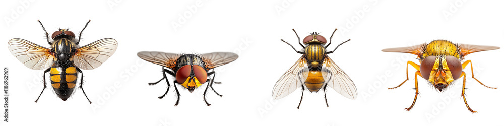 Obraz premium Realistic Illustrated Insects Featuring Various Types of Flies on Transparent Background