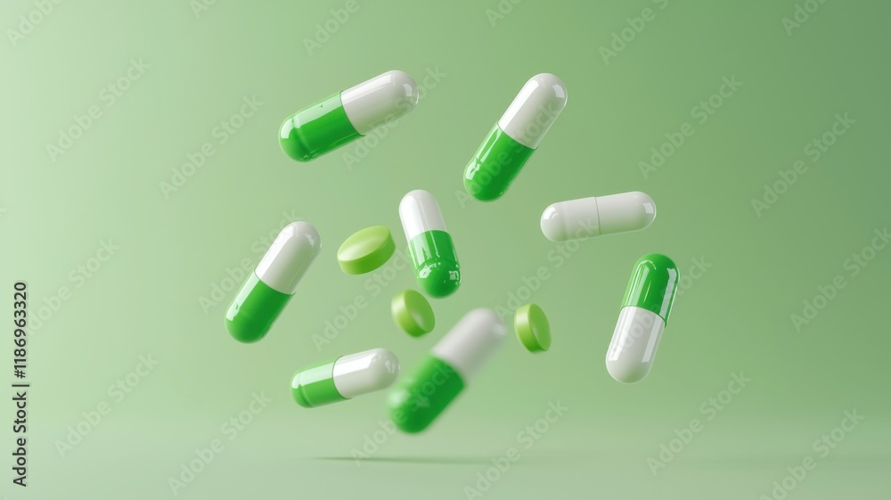Dynamic green and white capsules in motion against a soft green background digital illustration of wellness concept Dynamic green and white capsules in motion against a soft green background digital illustration of wellness concept