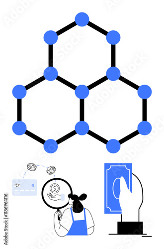 Blockchain structure, magnifying glass examining currency symbols, and hand holding money. Ideal for blockchain, finance, cryptocurrency, analysis, technology transactions research. Abstract line