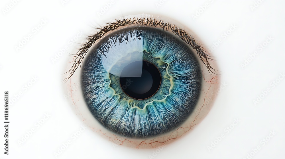 Eye anatomy study focusing on internal structures like lens and retina on a white background Eye anatomy study focusing on internal structures like lens and retina on a white background