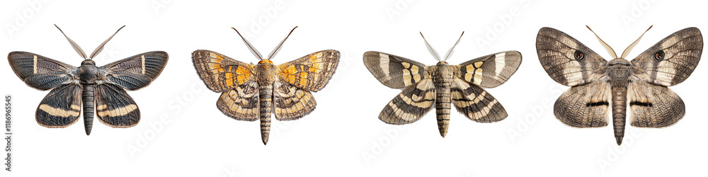 Obraz premium Detailed Close-Up Images of Various Colorful Moths on White Background