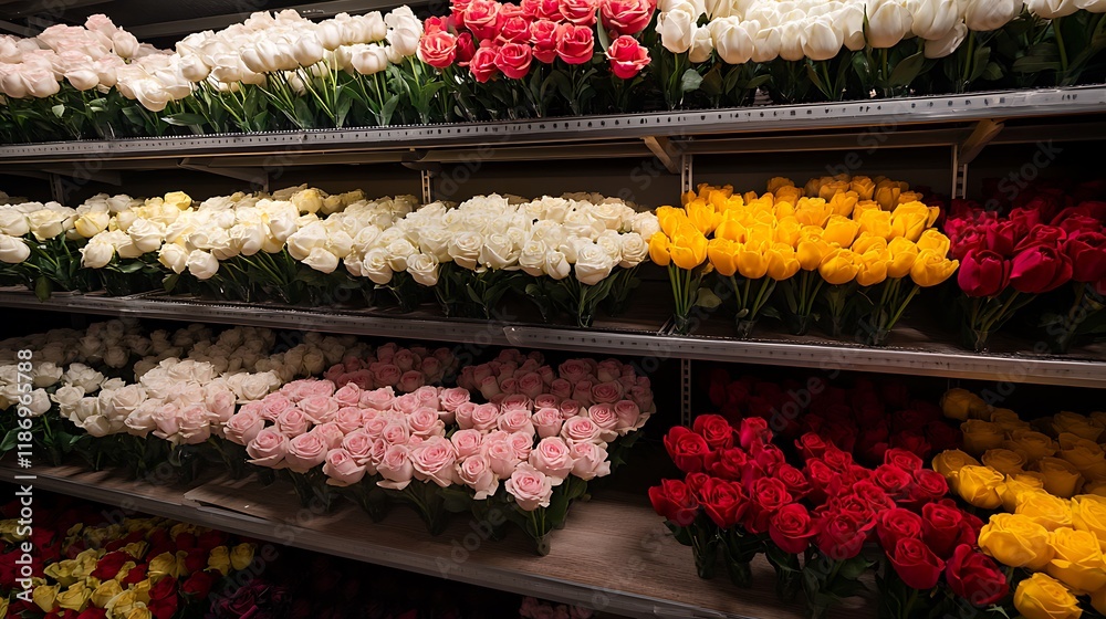 Fototapeta premium Colorful roses arranged on shelves in a flower shop.