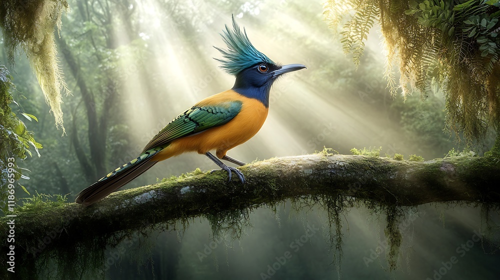 Fototapeta premium Vibrant bird perched on mossy branch in sunlit rainforest.