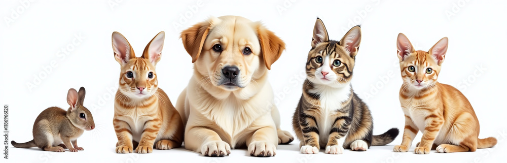 A Group Of Domestic Animals Including A Dog, Cat, Rabbit, And Mouse Are Isolated On A White Background With Transparent Png Overlay. 00002 A Group Of Domestic Animals Including A Dog, Cat, Rabbit, And Mouse Are Isolated On A White Background With Transparent Png Overlay. 00002