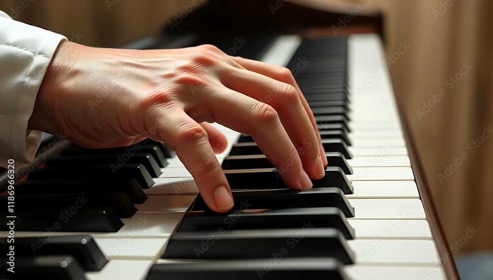 Obraz premium Close-up of a hand playing piano keys. (1)