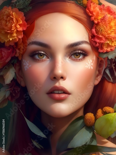 A vibrant portrait of a woman with captivating green eyes, adorned with orange flowers and leaves. Her serene expression is highlighted by delicate floral face art and warm, natural tones.