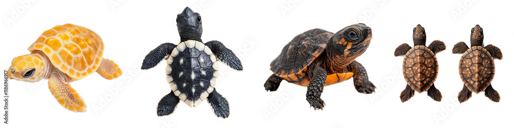 Obraz premium Colorful Sea Turtles in Various Poses on a White Background