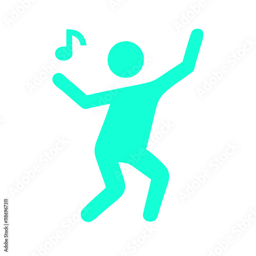 Dancing person icon, bright cyan color, joyful movement, on transparent background