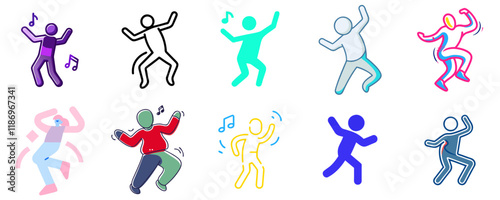 Dancing people icons, colorful style, joyful movements