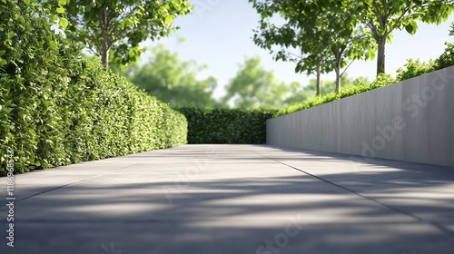 Empty alley in the park with green bushes. Empty sidewalk view from down

