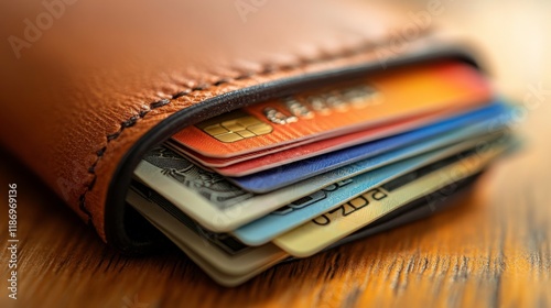 Close-Up of a Stylish Leather Wallet with Credit Cards and Cash Laid on a Wooden Surface, Highlighting Personal Finance and Everyday Essentials photo