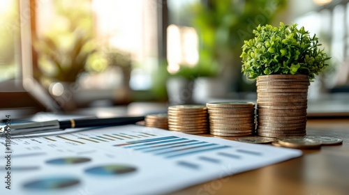 Close-Up of Stacked Coins with Green Plant in Dollar, Financial Growth, Investment Concept on Table with Documents and Office Background