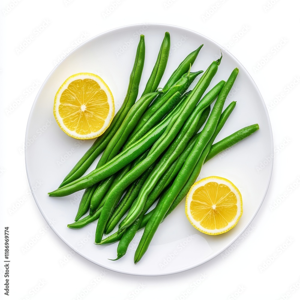 A plate of green beans and melted butter, displayed on a see-through background. A plate of green beans and melted butter, displayed on a see-through background.