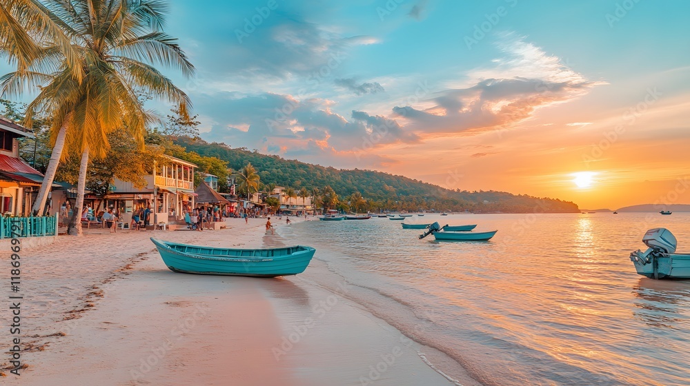 Obraz premium Tropical beach sunset scene with boats and palm trees