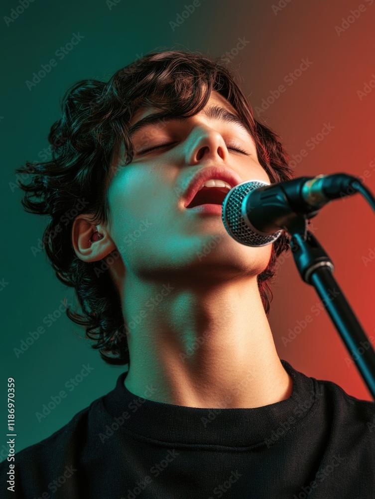 Portrait of a young male pop singer with curly hair singing into a microphone, soft colors in the background, ideal for text overlay. Portrait of a young male pop singer with curly hair singing into a microphone, soft colors in the background, ideal for text overlay.