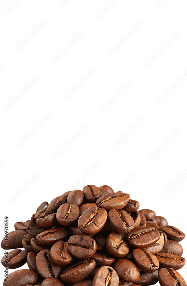 Naklejka premium Coffee beans arranged on white cloth for natural caffeine themes, morning beverage concepts, or cozy kitchen and rustic drink advertisements