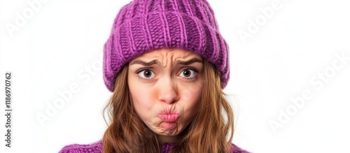 Frustrated young woman in a purple knitted beanie making a disgusted face, close-up against a white background, ample space for text placement. photo