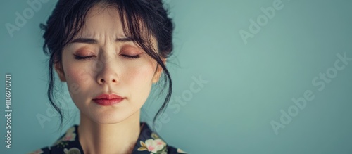 Japanese woman with closed eyes expressing distress against a light blue background, featuring significant empty space for text.