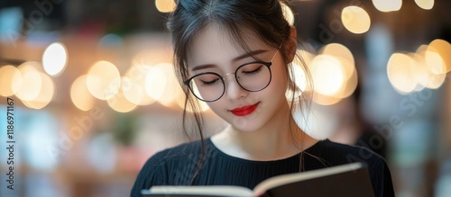 Fashionable woman with glasses and red lips reading notebook indoors, wearing black dress, blurred warm lights background, ample copyspace. photo