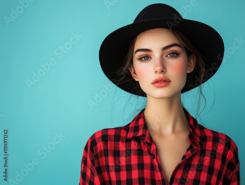 Young female model with black hat and red checkered shirt against bright blue background, ideal for fashion advertisements and promotional text.